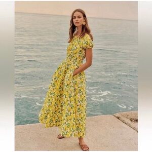 NWT Boden Lemon Vine Print Maxi Dress Scoop Neck White Yellow Cottagecore US 14R